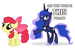 Size: 423x273 | Tagged: safe, artist:ritya9898, apple bloom, princess luna, g4, and then there's this asshole, caption, image macro, meme, sad face, text