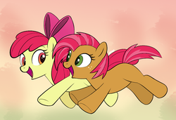 Size: 964x661 | Tagged: safe, artist:mn27, apple bloom, babs seed, earth pony, pony, g4, adorababs, adorabloom, cousins, cute, duo, duo female, female, filly, foal, looking at each other, looking at someone, open mouth, open smile, running, smiling