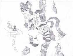 Size: 3308x2552 | Tagged: safe, artist:mc-ryan, apple bloom, zecora, zebra, g4, apple bloom riding zecora, candle, happy, heart's desire, high res, monochrome, ponies riding zebras, pony hat, potion, riding