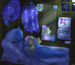 Size: 910x794 | Tagged: safe, artist:lamia, fluttershy, trixie, twilight sparkle, pony, unicorn, g4, calendar, eyepatch, female, hair curlers, implied apple bloom, lesbian, lonely, mare, mirror, moon, night, note, plushie, sad, shipping, sleeping, solo, trixie's wagon, trixieshy, zecora's doorstop