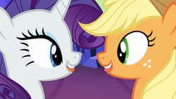 Size: 1920x1080 | Tagged: safe, screencap, applejack, rarity, g4, twilight's kingdom, tongue out