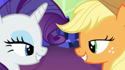 Size: 1920x1080 | Tagged: safe, screencap, applejack, rarity, g4, twilight's kingdom, grin, lidded eyes, looking at each other, out of context, up to no good