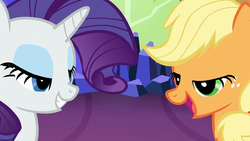 Size: 1920x1080 | Tagged: safe, screencap, applejack, rarity, g4, twilight's kingdom, derp, lidded eyes, wink