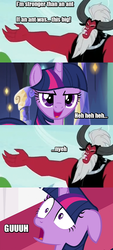 Size: 380x840 | Tagged: safe, screencap, lord tirek, twilight sparkle, alicorn, ant, pony, g4, twilight's kingdom, comic, dragonzball p, dragonzball peepee, female, image macro, mare, meme, parody, strength, twilight sparkle (alicorn)