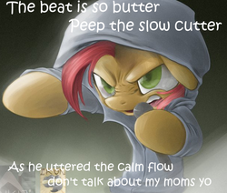 Size: 612x520 | Tagged: safe, babs seed, earth pony, pony, g4, babs the rapper, clothes, doom, exploitable meme, female, filly, hoodie, image macro, madvillain, meme, mf doom, nose wrinkle, solo