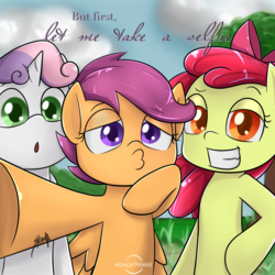 Size: 2000x2000 | Tagged: safe, artist:midnightpremiere, apple bloom, scootaloo, sweetie belle, earth pony, pegasus, pony, unicorn, g4, cutie mark crusaders, duckface, female, filly, foal, high res, selfie, the chainsmokers