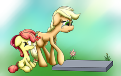 Size: 1900x1200 | Tagged: safe, artist:solipsus, apple bloom, applejack, g4, crying, flower, grave, missing accessory, mother's day, sad