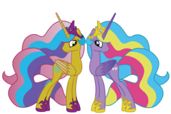 Size: 3000x2000 | Tagged: safe, artist:aquaticneon, princess gold lily, princess sterling, alicorn, pony, g4, season 5, duo, ethereal mane, female, high res, jossed, mare, multicolored hair, recolor, simple background, speculation, transparent background