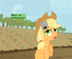 Size: 1024x836 | Tagged: safe, artist:hakar-kerarmor, applejack, earth pony, pony, g4, apple (company), confused, female, floppy disk, floppy ears, open mouth, pun, solo, visual pun, what in tarnation