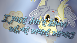 Size: 1920x1080 | Tagged: dead source, safe, artist:godoffury, artist:joolzanfire, derpy hooves, pegasus, pony, g4, cute, female, i just don't know what went wrong, mare, muffin, open mouth, quote, smiling, solo, spread wings, upside down, vector, wallpaper