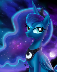 Size: 1550x1950 | Tagged: dead source, safe, artist:feli, princess luna, pony, g4, bedroom eyes, cute, female, looking at you, lunabetes, moon, night, pixiv, sitting, sky, smiling, solo, stars