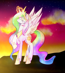 Size: 890x1000 | Tagged: safe, artist:astrequin, princess celestia, g4, female, magic, raised hoof, solo, sunset