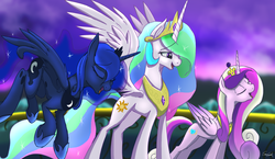 Size: 2339x1360 | Tagged: safe, artist:sakuracheetah, princess cadance, princess celestia, princess luna, alicorn, pony, g4, twilight's kingdom, digital art, eyes closed, scene interpretation, singing, you'll play your part