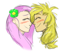 Size: 1600x1160 | Tagged: safe, artist:heeeeresizzy, applejack, fluttershy, human, g4, blushing, boop, eyes closed, female, flower, flower in hair, freckles, humanized, lesbian, noseboop, nuzzling, ship:appleshy, shipping, smiling