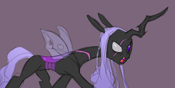 Size: 1052x530 | Tagged: safe, artist:carnifex, oc, oc only, oc:lacera, changeling, changeling queen, blind eye, changeling oc, changeling queen oc, eye scar, female, purple background, purple changeling, scar, simple background, solo