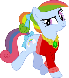 Size: 1031x1169 | Tagged: safe, artist:hawk9mm, artist:kaylathehedgehog, rainbow dash, rainbow dash (g3), earth pony, pony, g3, g4, bow, clothes, element of hope, elements of harmony, female, g3 to g4, generation leap, hair bow, jewelry, mare, necklace, rainbow dash always dresses in style, simple background, solo, tail bow, transparent background