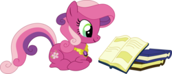 Size: 2472x1063 | Tagged: safe, artist:kaylathehedgehog, cheerilee (g3), earth pony, pony, g3, g4, book, element of beauty, elements of harmony, female, g3 to g4, generation leap, i hope we hear a story from cheerilee, jewelry, necklace, read, reading, simple background, solo, transparent background