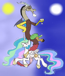Size: 1500x1750 | Tagged: dead source, safe, artist:ichibangravity, discord, princess celestia, alicorn, draconequus, pony, g4, chocolate milk, crown, day, duo, duo male and female, eyes closed, female, fluffy, glass, jewelry, laughing, male, male and female, missing accessory, moon, night, open mouth, ponies riding ponies, regalia, riding, smiling, sun, sweat, tickling
