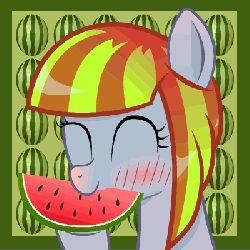 Size: 400x400 | Tagged: safe, artist:negasun, oc, oc only, oc:melon drop, animated, blushing, bust, cute, eating, eyes closed, herbivore, hoof hold, nom, portrait, red nosed, smiling, solo, watermelon