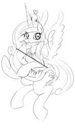 Size: 1138x1920 | Tagged: safe, artist:zev, princess cadance, pony, g4, arrow, bipedal, bow, cupid, female, grayscale, heart arrow, monochrome, mouth hold, smiling, solo, spread wings, weapon