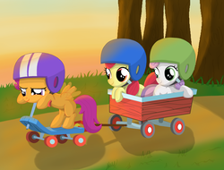 Size: 3954x3000 | Tagged: safe, artist:midnightsonare, apple bloom, scootaloo, sweetie belle, earth pony, pegasus, pony, unicorn, g4, bipedal, bipedal leaning, cutie mark crusaders, female, filly, flapping, flapping wings, foal, helmet, high res, leaning, scooter, spread wings, tree, wagon, wings