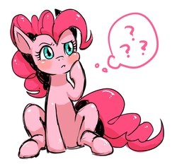 Size: 827x768 | Tagged: safe, artist:kiriya, pinkie pie, earth pony, pony, g4, blushing, cute, diapinkes, female, pixiv, question mark, sitting, solo, thinking, thought bubble