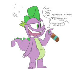 Size: 1859x1694 | Tagged: safe, artist:php120, spike, dragon, g4, beer, beer belly, drunk, drunker spike, male, simple background, solo, speech bubble, this will not end well, transparent background