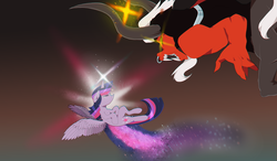 Size: 2893x1693 | Tagged: safe, artist:cosmichat, lord tirek, twilight sparkle, alicorn, pony, g4, twilight's kingdom, female, glowing eyes, mare, twilight sparkle (alicorn)