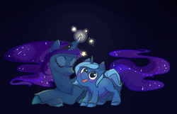 Size: 1867x1200 | Tagged: safe, artist:foxda, princess luna, alicorn, pony, unicorn, g4, dark background, eyes closed, female, filly, freckles, galaxy mane, glowing horn, horn, magic, prone, self ponidox, smiling, solo, stars, tangible heavenly object, unshorn fetlocks, woona, younger