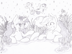 Size: 1262x942 | Tagged: safe, artist:joey darkmeat, apple bloom, applejack, rarity, sweetie belle, earth pony, pony, unicorn, g4, belly button, female, lineart, monochrome, pond, siblings, sisters, sisters gonna sister, sketch, swimming pool, this will end in tears and/or death and/or covered in tree sap, traditional art, wet, wet mane, wet mane rarity
