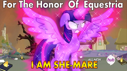 Size: 1280x720 | Tagged: safe, edit, screencap, twilight sparkle, alicorn, pony, g4, twilight's kingdom, female, hub logo, magic, mare, she-ra, solo, super saiyan princess, twilight sparkle (alicorn), twilight vs tirek