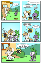 Size: 3000x4500 | Tagged: safe, artist:joeywaggoner, spike, oc, g4, barney the dinosaur, camera, comic, mistaken identity