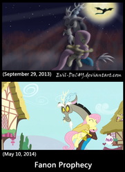 Size: 1280x1767 | Tagged: safe, artist:evil-dec0y, edit, edited screencap, screencap, discord, fluttershy, pegasus, pony, g4, comparison, female, hub logo, male, mare, prediction, text