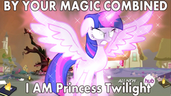 Size: 1280x720 | Tagged: safe, edit, screencap, twilight sparkle, alicorn, pony, g4, twilight's kingdom, captain planet and the planeteers, female, hub logo, magic, mare, solo, super saiyan princess, twilight sparkle (alicorn), twilight vs tirek