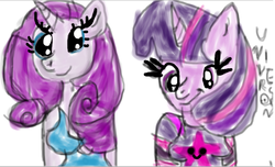 Size: 858x520 | Tagged: safe, artist:universoon, rarity, twilight sparkle, anthro, g4, clothes, duo, female, stars