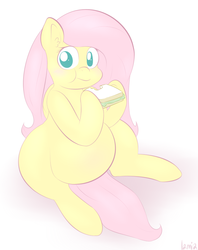 Size: 712x898 | Tagged: safe, artist:lamia, fluttershy, g4, eating, female, krystal can't enjoy her sandwich, looking at you, meme, pregnant, sandwich, sitting, solo