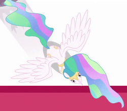 Size: 414x365 | Tagged: safe, screencap, princess celestia, g4, twilight's kingdom, both cutie marks, cropped, eyes, female, great moments in animation, overhead view, solo, spread wings, wings