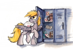 Size: 785x530 | Tagged: safe, artist:kenket, artist:spainfischer, derpy hooves, pegasus, pony, g4, ask, canterlot high, canterlot high blog, female, freckles, glasses, lockers, mare, mouth hold, smiling, solo, test, tumblr