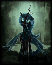 Size: 2898x3627 | Tagged: safe, artist:shaadorian, queen chrysalis, changeling, changeling queen, g4, crown, fangs, female, high res, jewelry, looking at you, regalia, smiling, solo