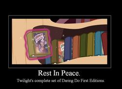 Size: 774x564 | Tagged: safe, daring do, g4, twilight's kingdom, book, bookshelf, caption, daring do and the sapphire statue, golden oaks library, rest in peace