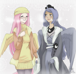 Size: 576x556 | Tagged: safe, artist:zoe-productions, fluttershy, princess luna, human, g4, clothes, dress, gown, horn, horned humanization, humanized, lsnowing, milestone, snow, snowfall, sweater, sweatershy, turtleneck, winged humanization, winter