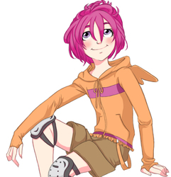 Size: 701x726 | Tagged: safe, artist:zoe-productions, scootaloo, human, g4, clothes, female, hoodie, humanized, knee pads, solo, winged humanization