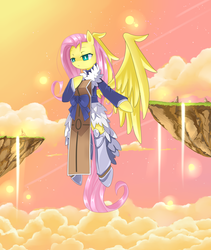 Size: 2240x2659 | Tagged: safe, artist:cyanaeolin, fluttershy, angel, g4, armor, clothes, cloud, cloudy, crossover, disgaea, female, floating island, high res, solo