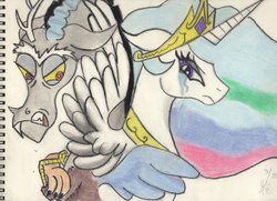 Size: 1024x743 | Tagged: safe, artist:purpleslyfox, discord, princess celestia, g4, female, male, ship:dislestia, shipping, straight, traditional art