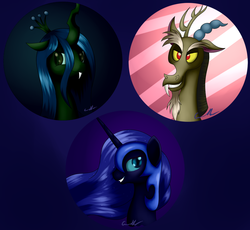 Size: 1157x1066 | Tagged: safe, artist:grennadder, discord, nightmare moon, queen chrysalis, g4