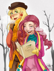 Size: 428x568 | Tagged: safe, artist:zoe-productions, applejack, pinkie pie, human, g4, pinkie apple pie, book, clothes, duo, female, humanized