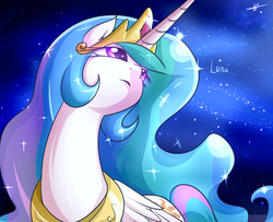 Size: 2400x1950 | Tagged: safe, artist:kyodashiro, princess celestia, alicorn, pony, g4, crown, dialogue, female, frown, high res, implied princess luna, jewelry, mare, open mouth, peytral, regalia, solo, talking