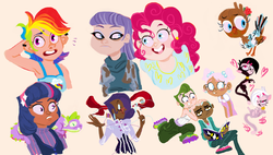 Size: 1280x729 | Tagged: safe, artist:sugaryboogary, maud pie, pinkie pie, rainbow dash, rarity, spike, twilight sparkle, bird, cat, human, iguana, g4, armpits, biskit twins, blythe baxter, brittany biskit, crossover, dark skin, humanized, littlest pet shop, minka mark, species swap, sunil nevla, vinnie terrio, whittany biskit