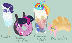 Size: 1280x768 | Tagged: safe, artist:sugaryboogary, fluttershy, rainbow dash, rarity, twilight sparkle, food pony, original species, g4, drink, food, pun