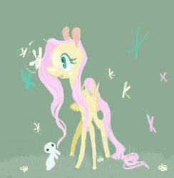 Size: 651x666 | Tagged: safe, artist:sugaryboogary, angel bunny, fluttershy, butterfly, pony, g4, female, folded wings, looking at something, solo, wings